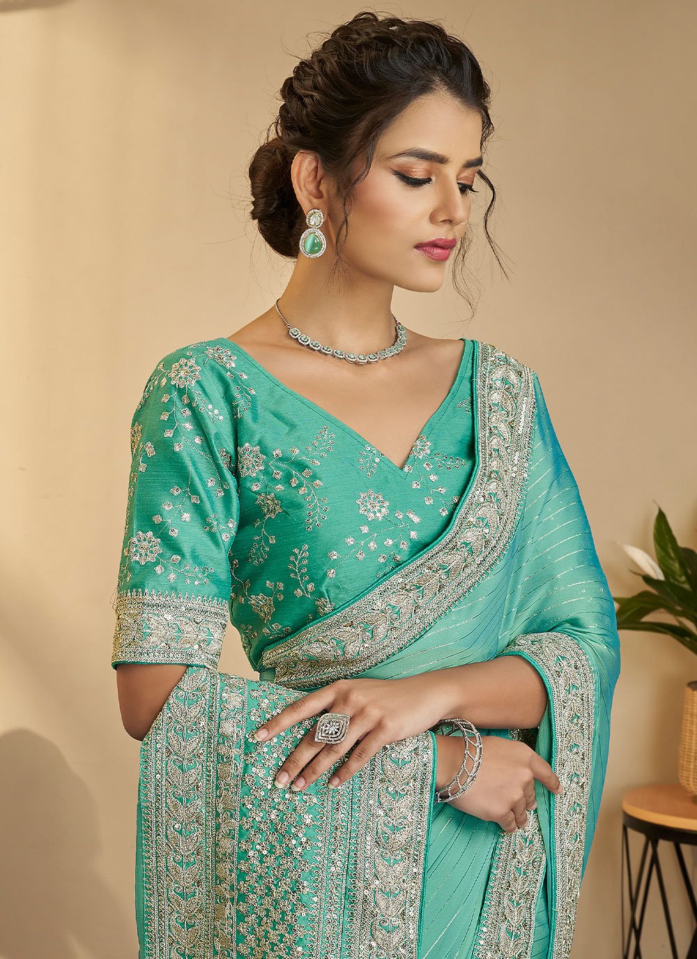 Classic Silk Sea Green Sequins Saree