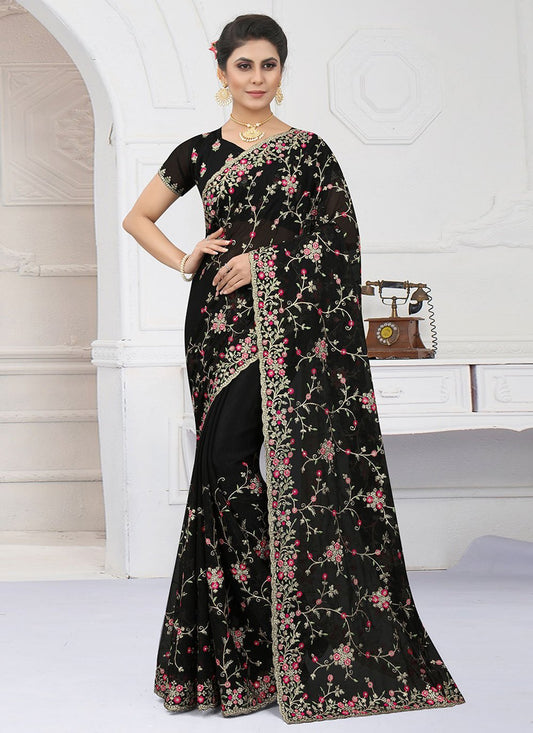 Contemporary Shimmer Black Embroidered Saree