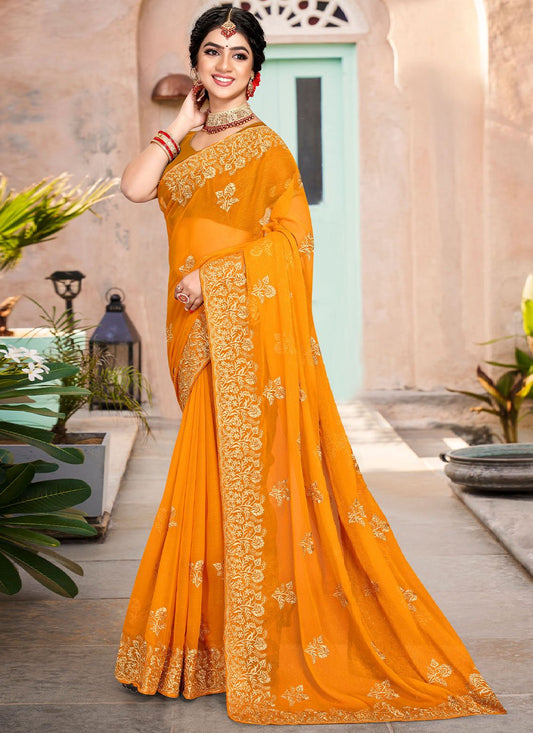 Contemporary Shimmer Silk Orange Embroidered Saree