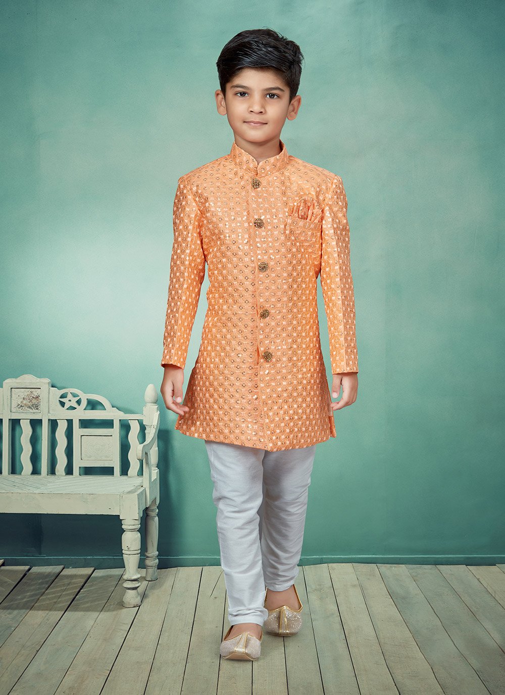 Indo Western Silk Peach Embroidered Kids