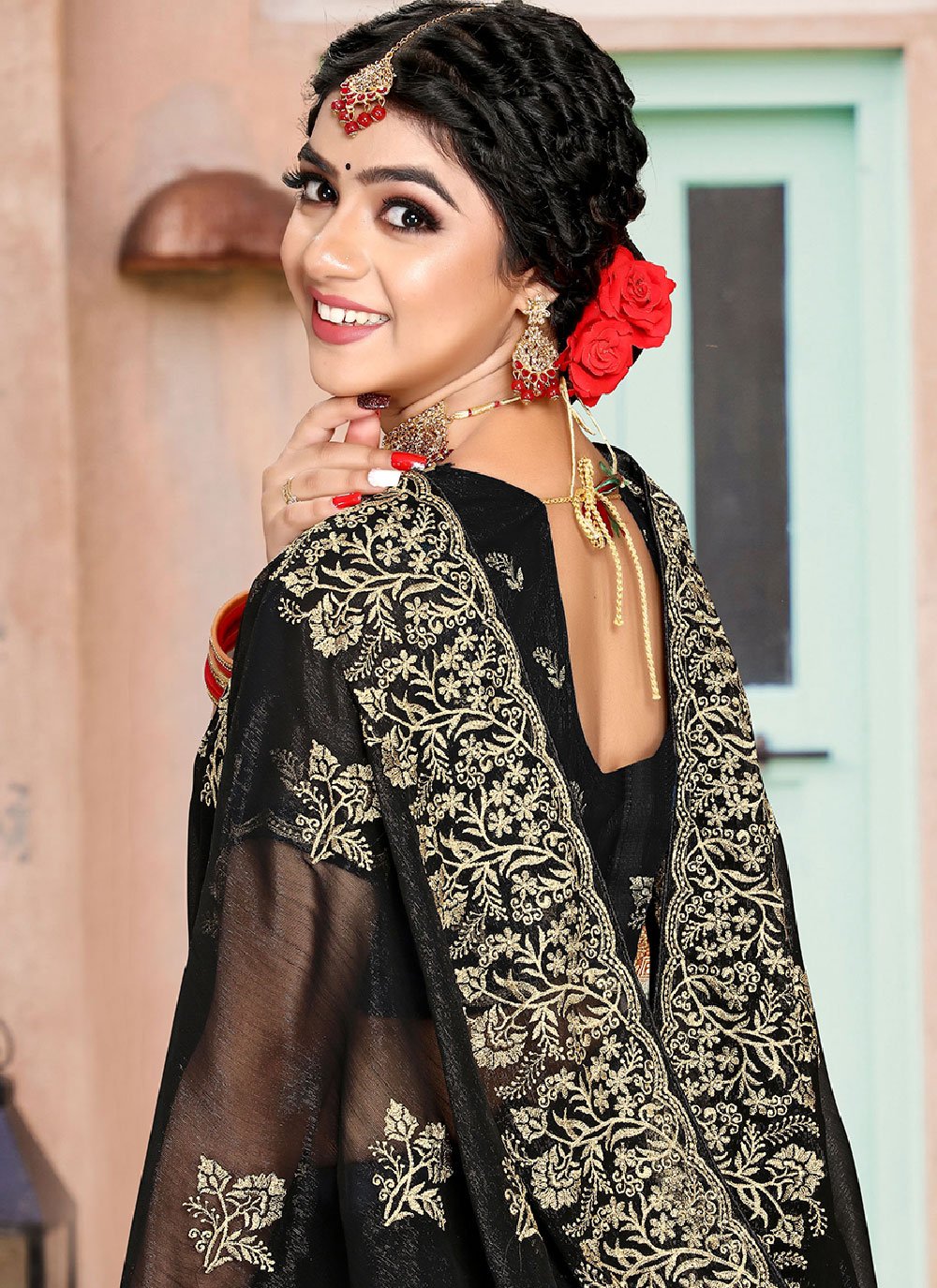 Classic Shimmer Silk Black Embroidered Saree