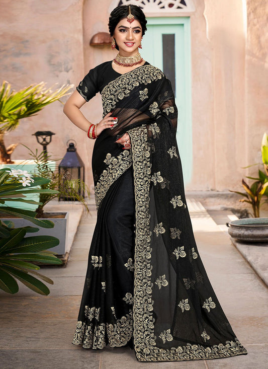 Classic Shimmer Silk Black Embroidered Saree