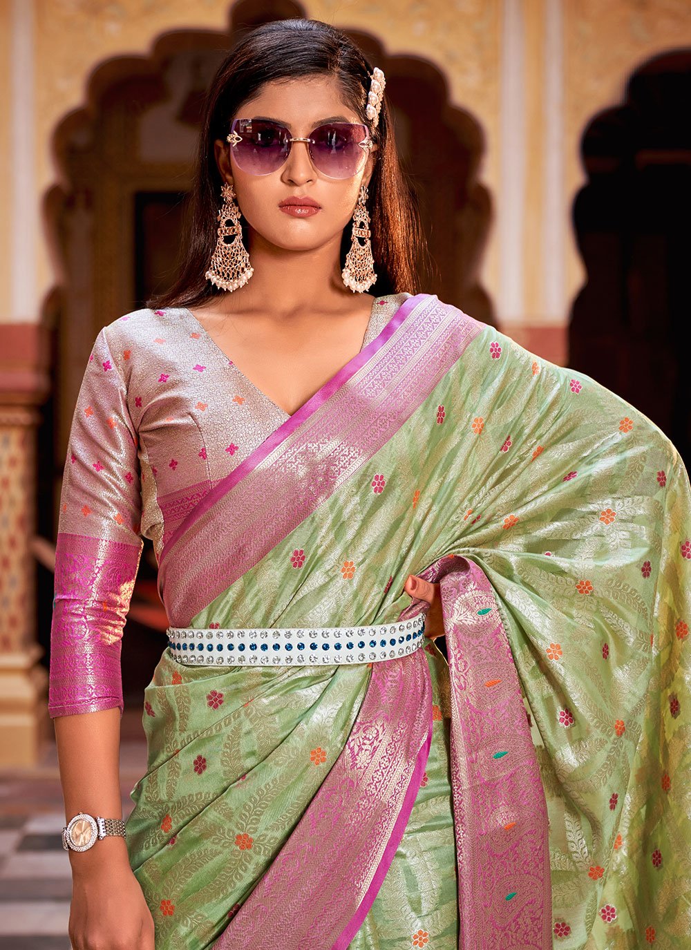 Classic Silk Tissue Green Weaving Saree