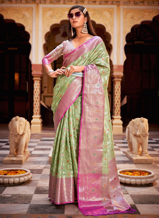 Classic Silk Tissue Green Weaving Saree