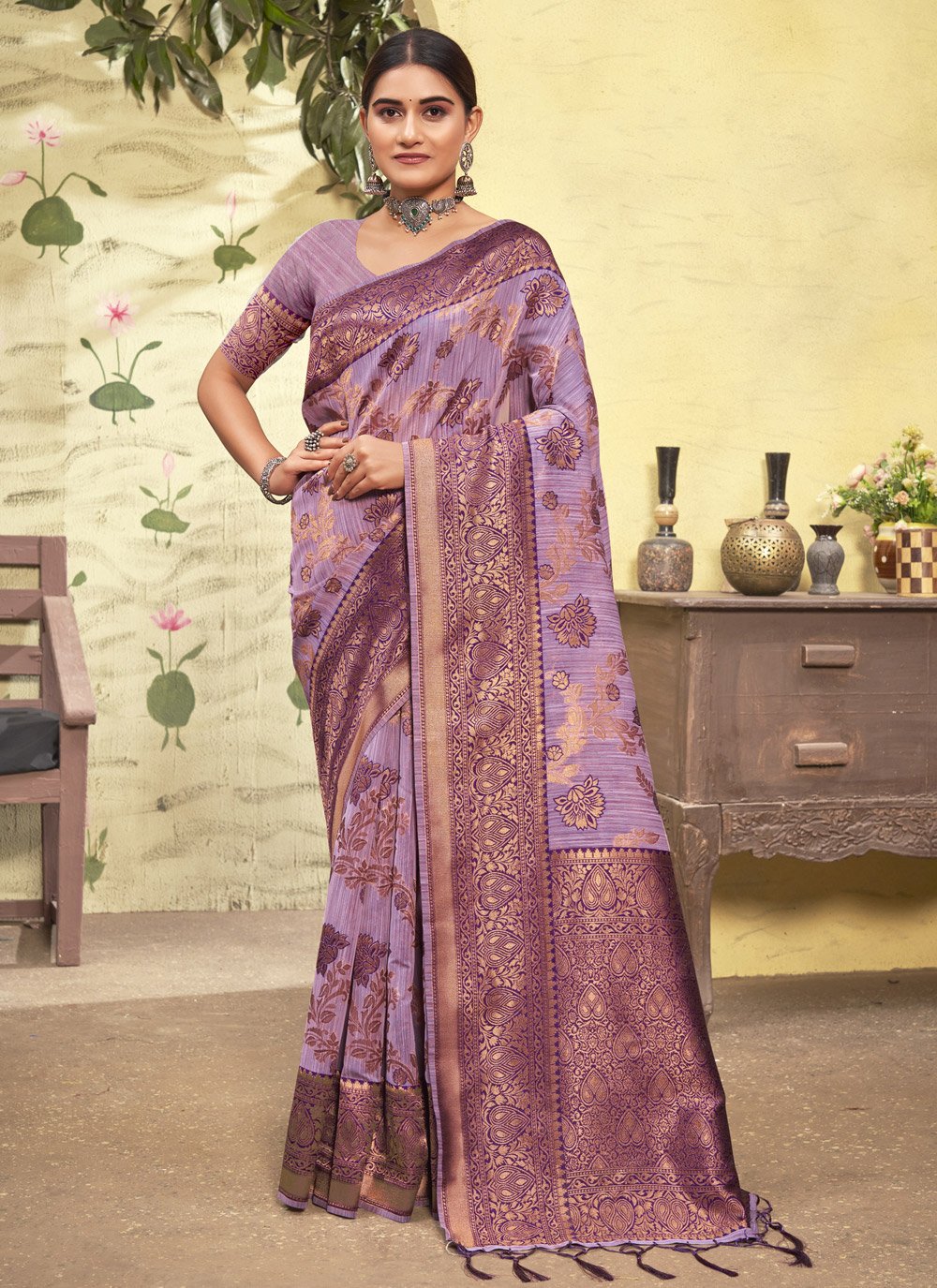 Traditional Saree Cotton Lavender Zari Saree