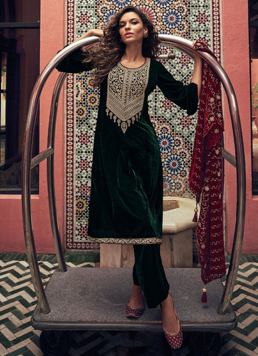 Trendy Suit Velvet Teal Zari Salwar Kameez