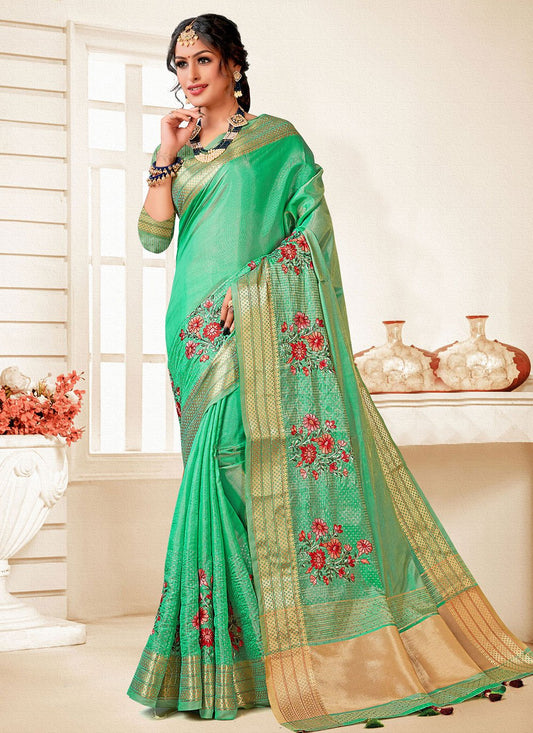 Classic Art Silk Turquoise Embroidered Saree