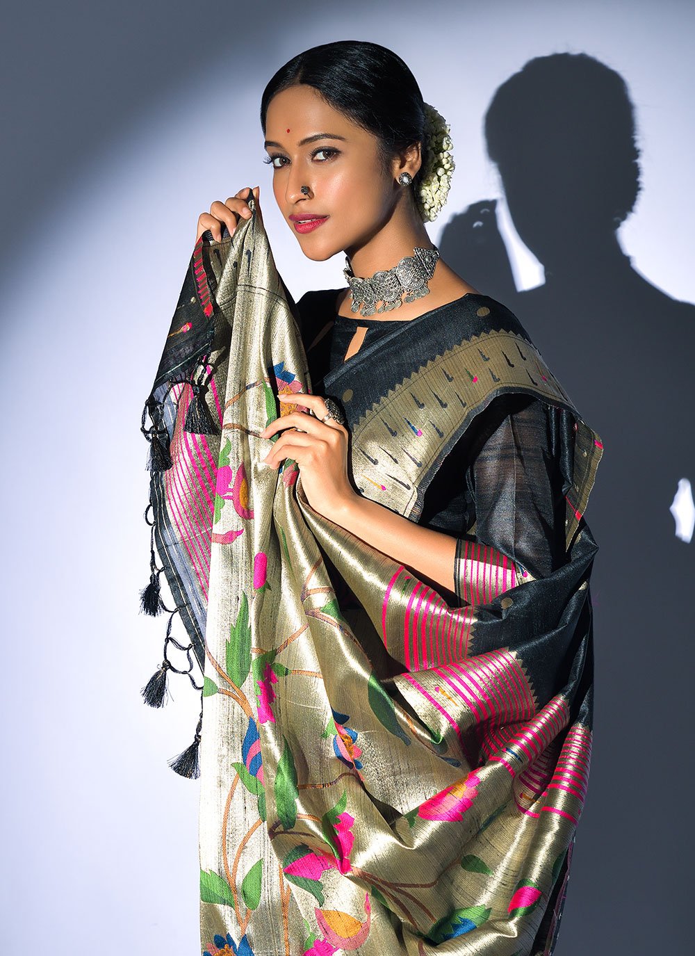 Contemporary Tussar Silk Black Woven Saree