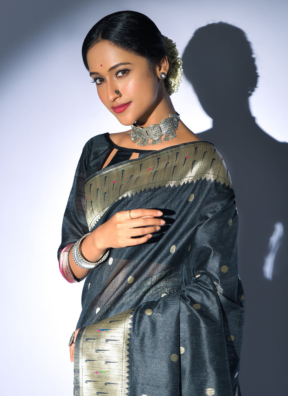 Contemporary Tussar Silk Black Woven Saree