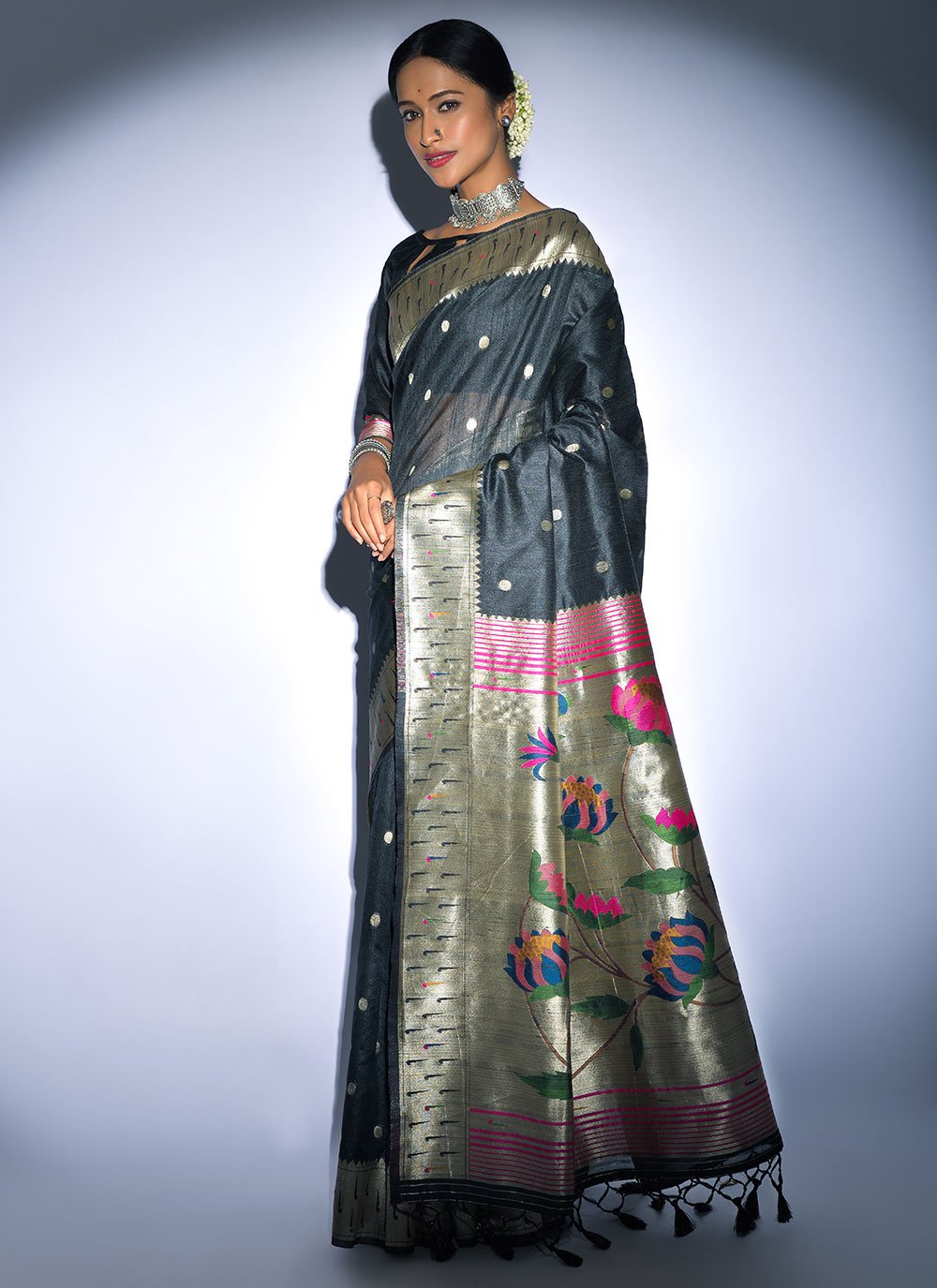 Contemporary Tussar Silk Black Woven Saree