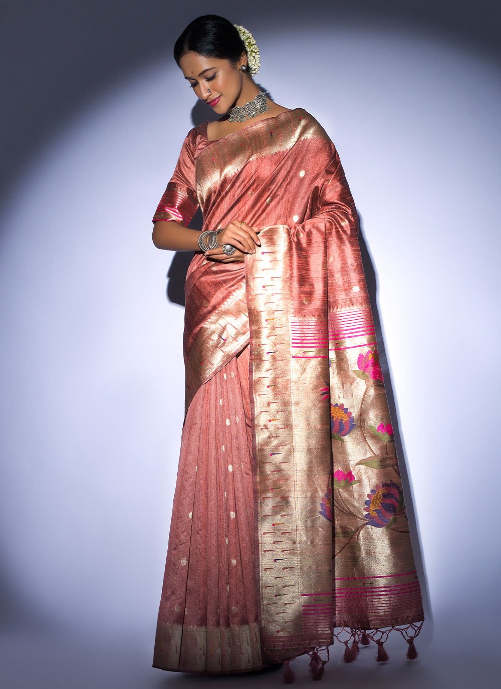 Trendy Saree Tussar Silk Peach Woven Saree