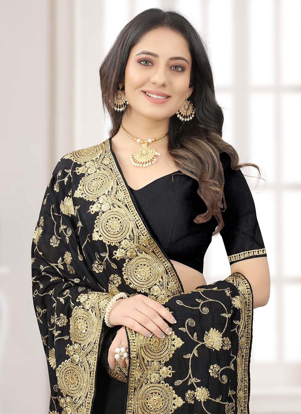 Classic Vichitra Silk Black Embroidered Saree