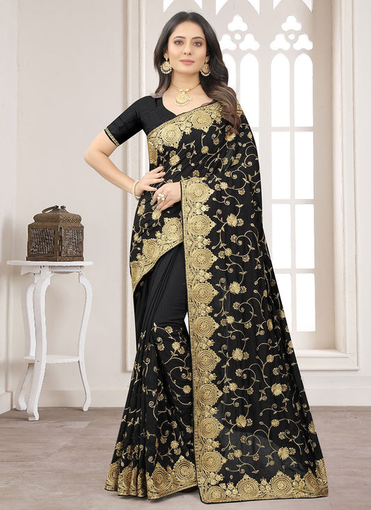 Classic Vichitra Silk Black Embroidered Saree