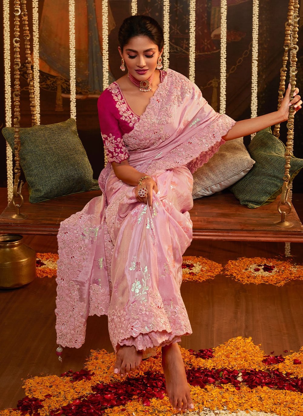 Classic Viscose Pink Embroidered Saree