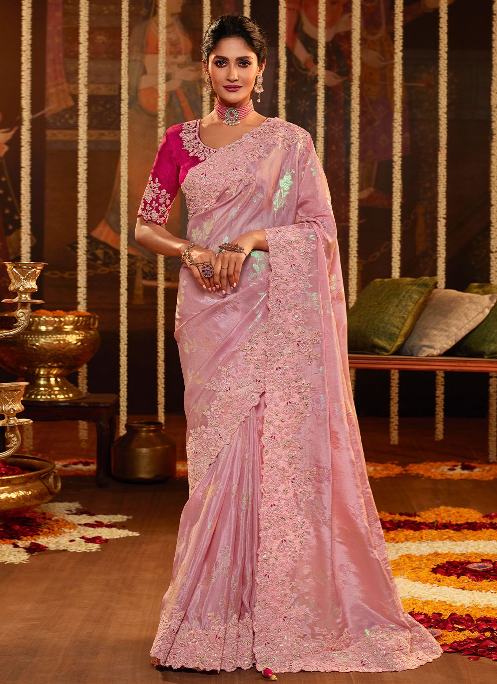 Classic Viscose Pink Embroidered Saree