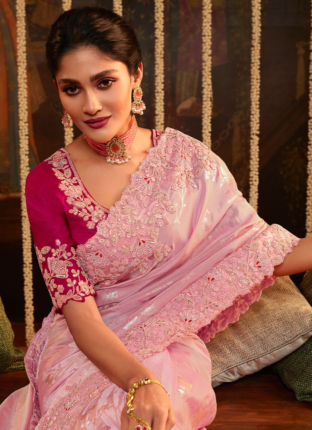 Classic Viscose Pink Embroidered Saree