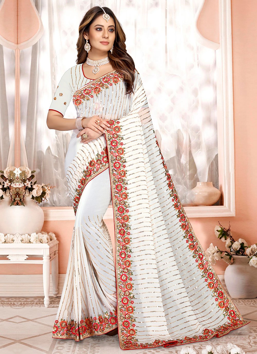 Contemporary Georgette White Embroidered Saree