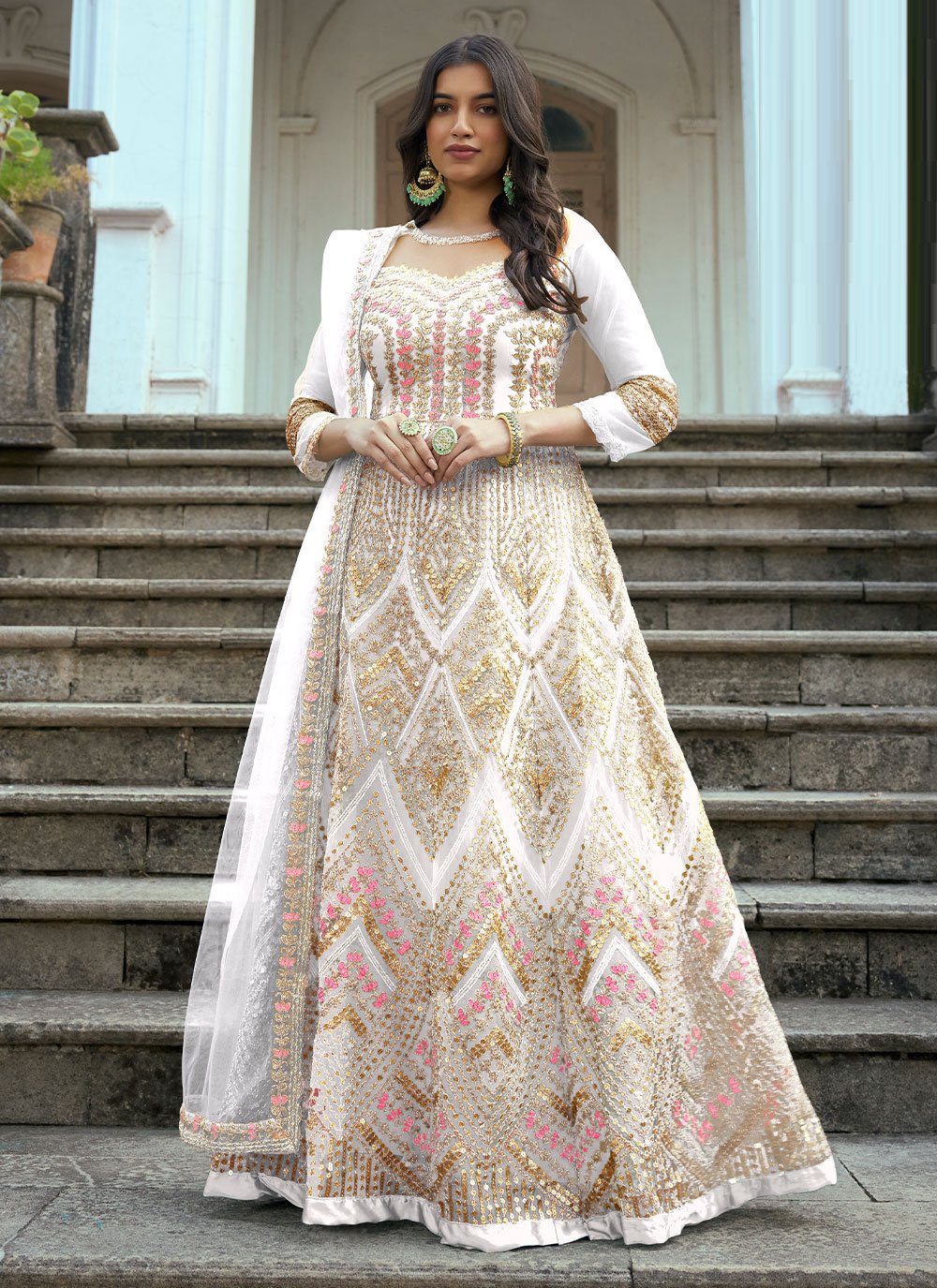 Anarkali Suit Net White Embroidered Salwar Kameez
