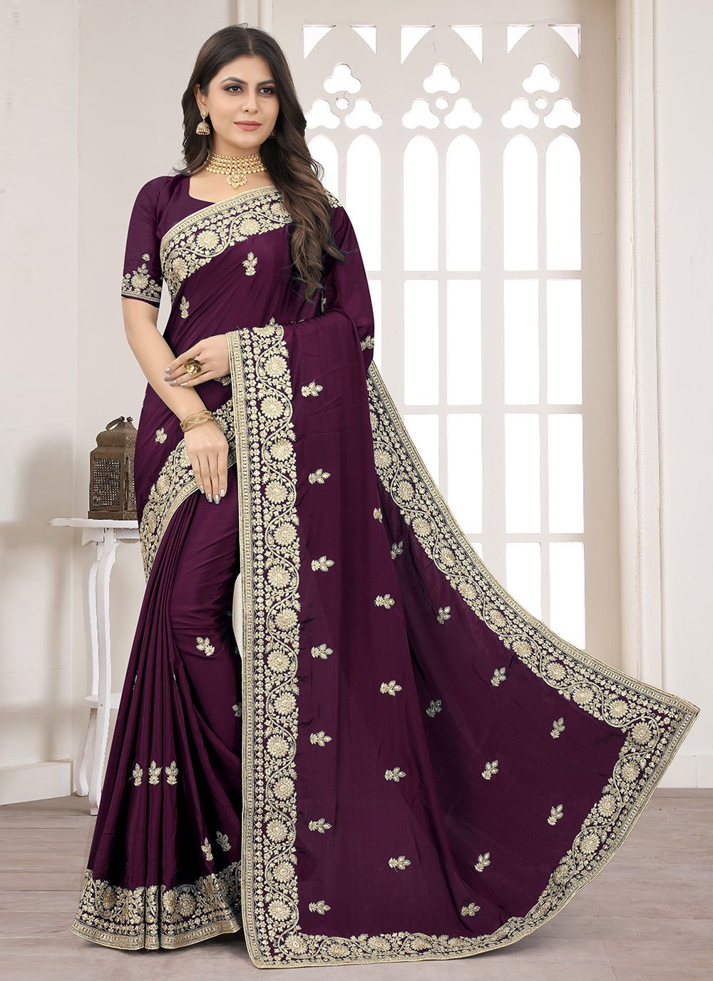 Designer Crepe Silk Wine Embroidered Saree