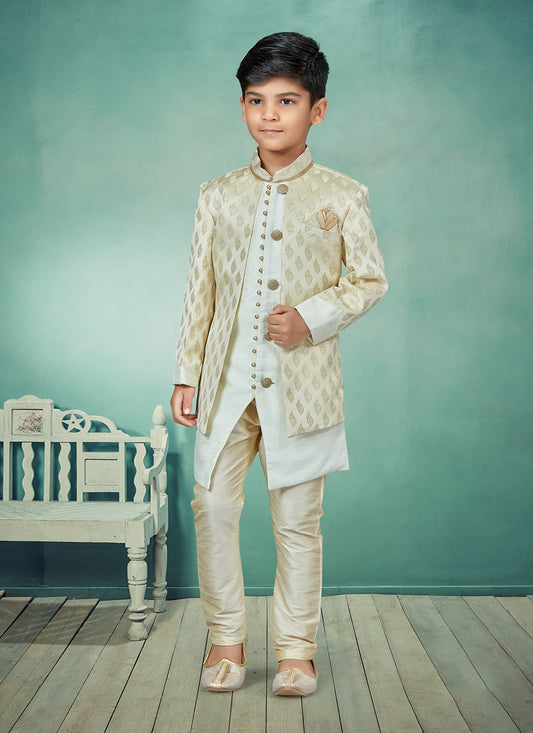 Indo Western Banarasi Jacquard Cream Off White Stone Kids