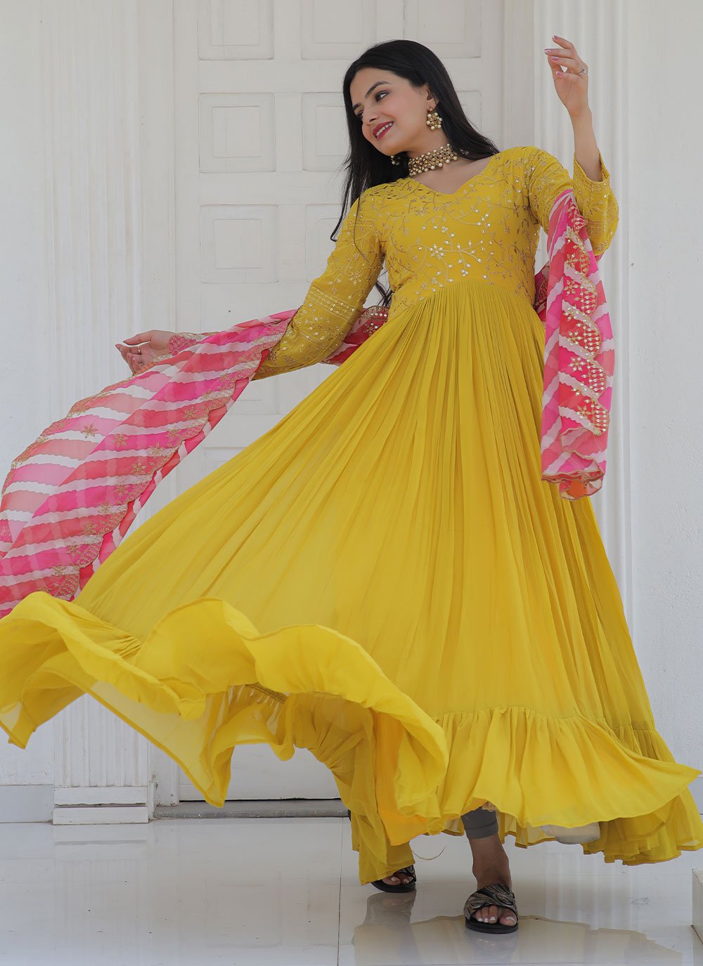 Gown Chiffon Yellow Embroidered Gown