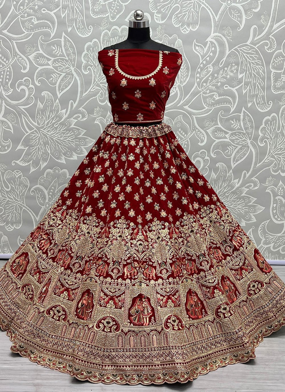 A Line Lehenga Velvet Red Diamond Lehenga Choli