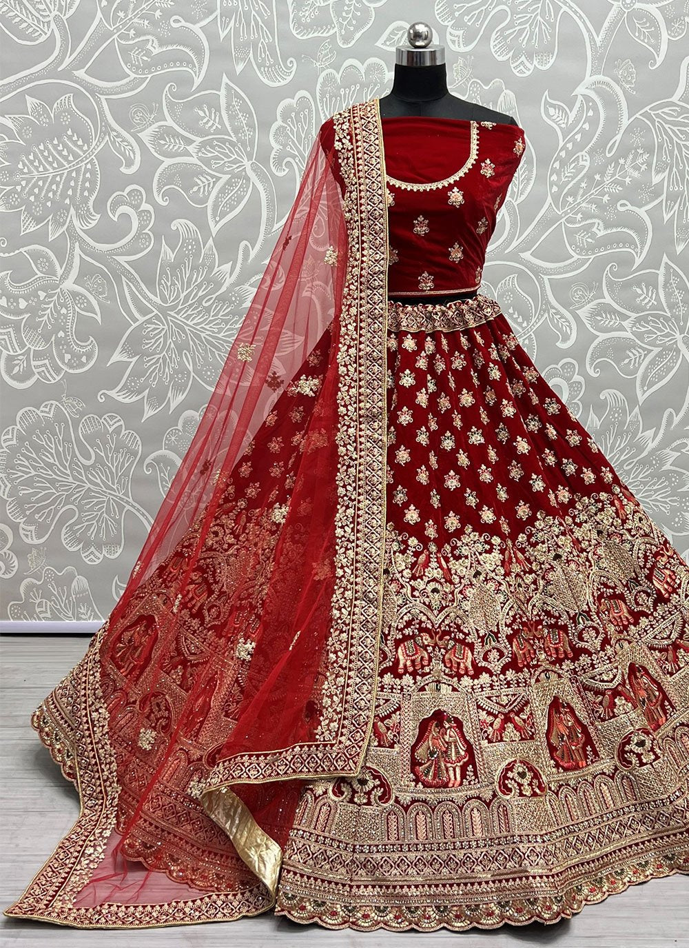 A Line Lehenga Velvet Red Diamond Lehenga Choli